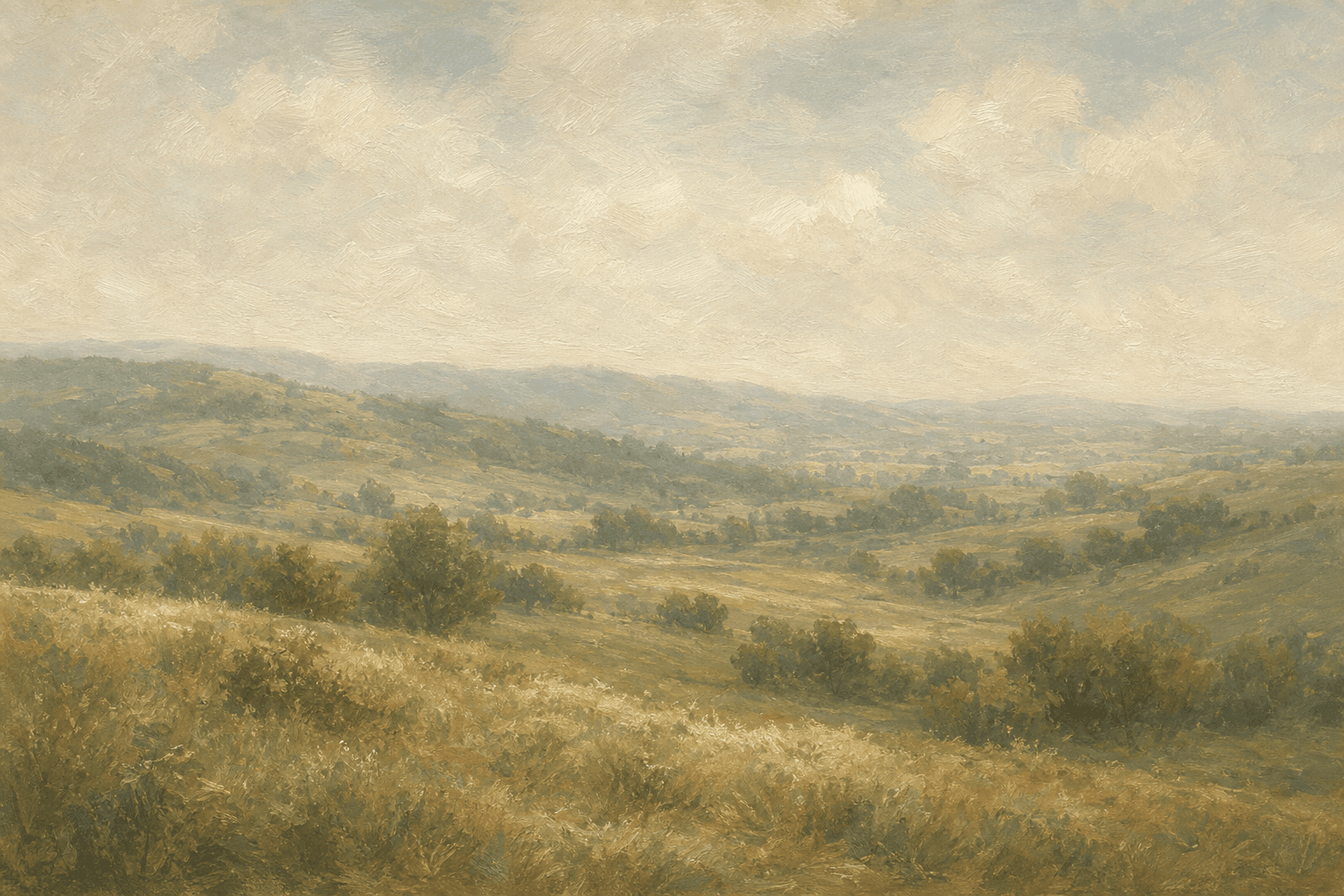 Soft impressionist oil painting of open sage countryside at morning light
