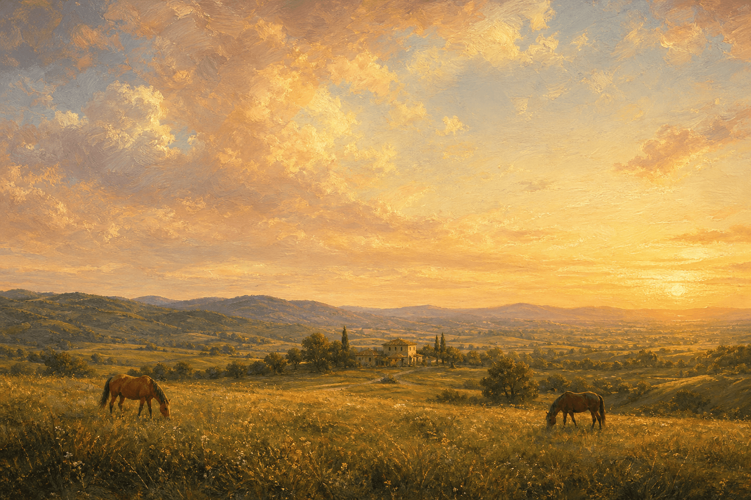 Wide oil painting of open countryside at golden hour — two horses grazing, a farmhouse, and a glowing cloudy sky